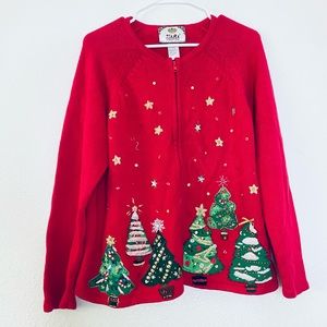 Tiara Vintage 2003 Beaded Embellished Christmas Tree Knit Zipper Cardigan Large